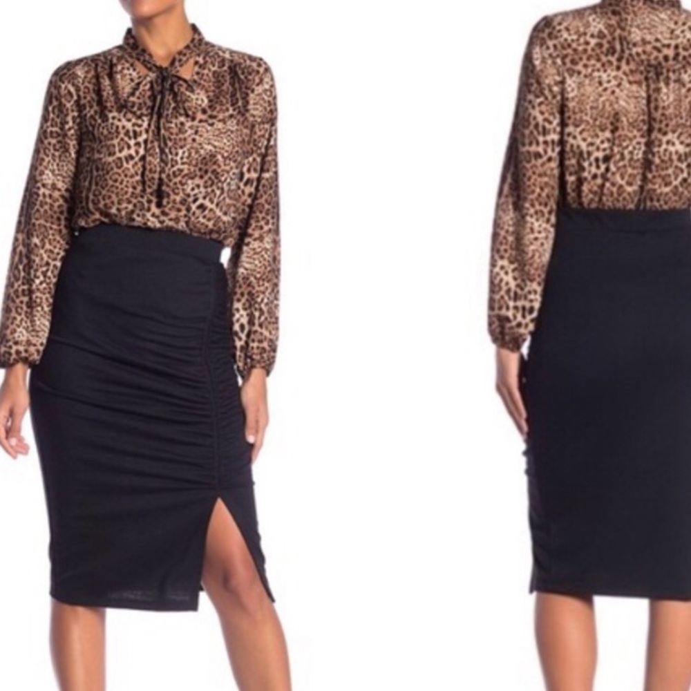 NEW Pleione career side ruched soft midi skirt L